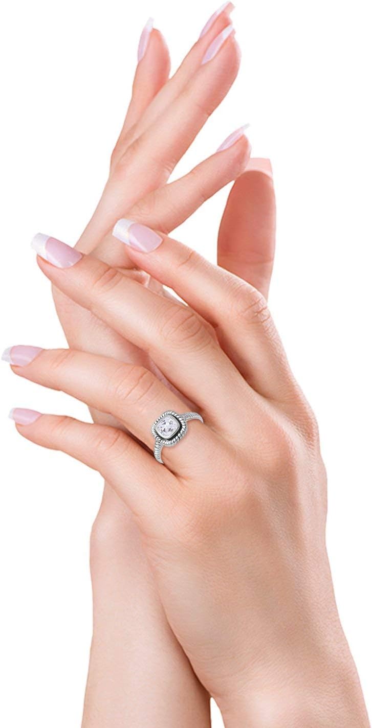 Blue Apple Co. Art Deco Ring 8mm Princess Cut Cubic Zirconia Oxidized Rope Vintage Style Solitaire Ring Statement Wedding Engagement Rings For Women 925 Sterling Silver Gift For Special Occasion