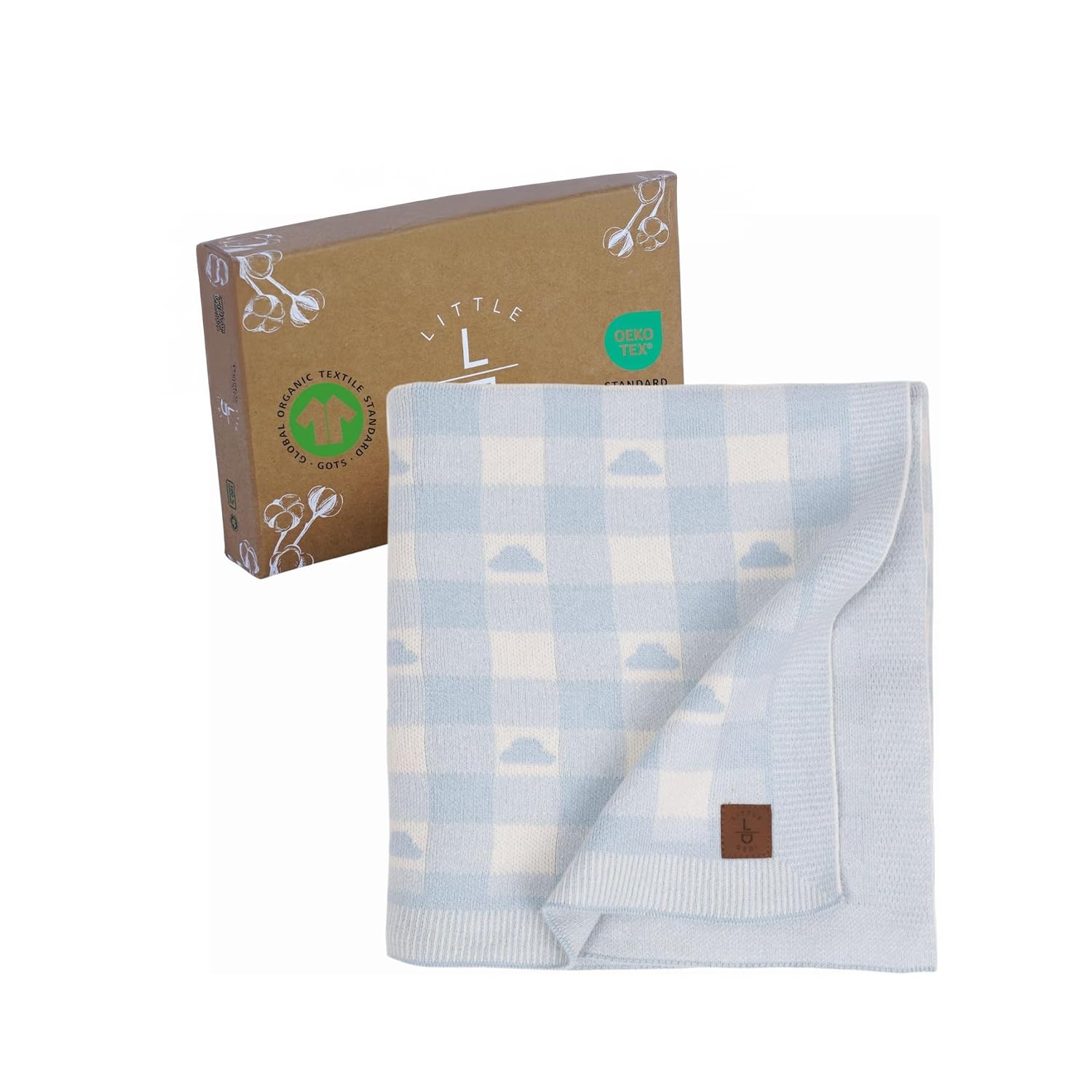 Little Dedi Gender-Neutral Checkered Baby Blanket 30x40 Inches, Blue Cloud – 100% Organic GOTS Certified Cotton, Soft and Lightweight, Cloud Pattern Design, Perfect for Swaddling