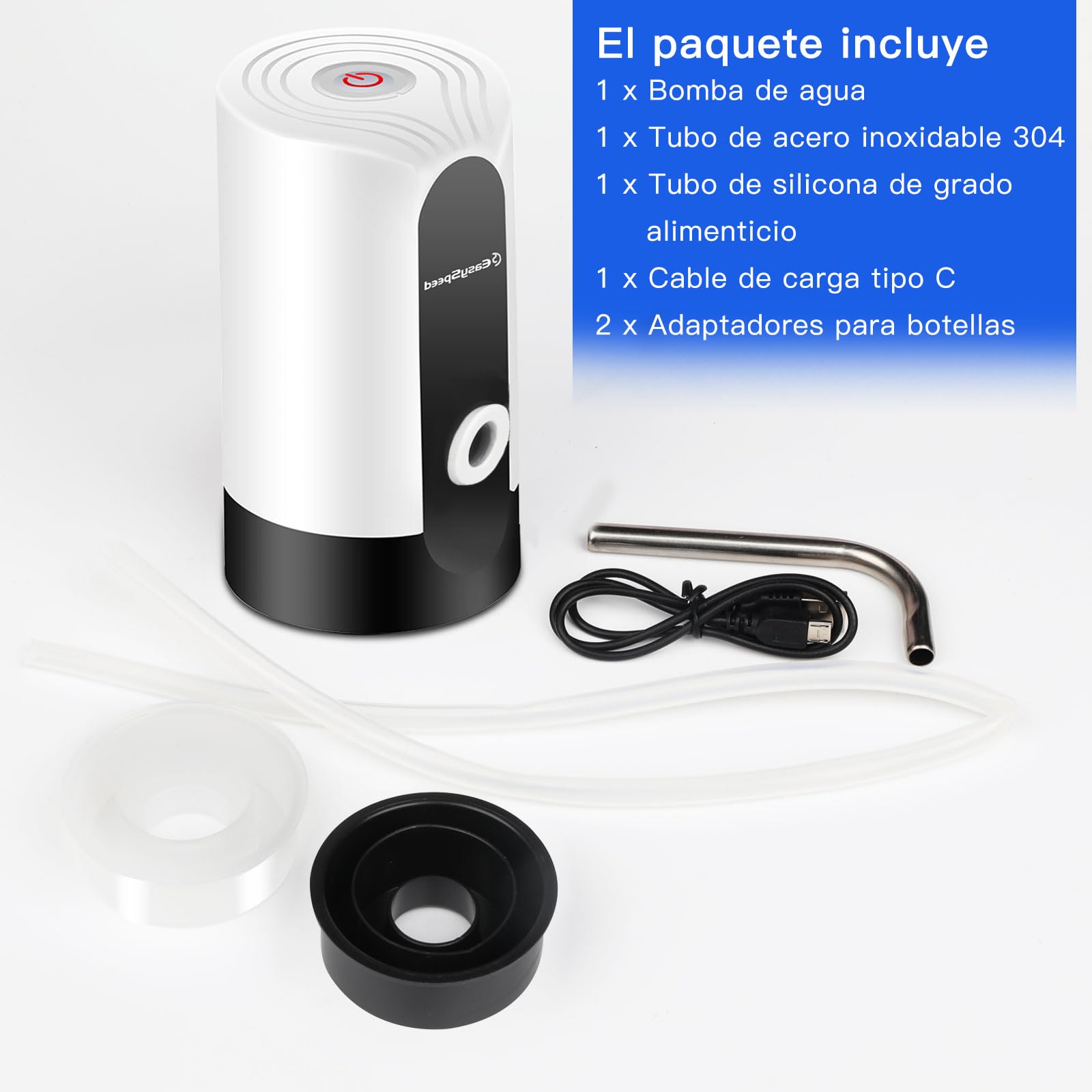 EASYSPEED Distributeur Eau,Distributeurs à Eau avec 2 Adaptateurs, Pompe à Eau Automatique Distributeur d'eau Portable Rechargeable par USB, Bouteilles pour Le Camping,La Maison Et Le Bureau,Blanc - 4