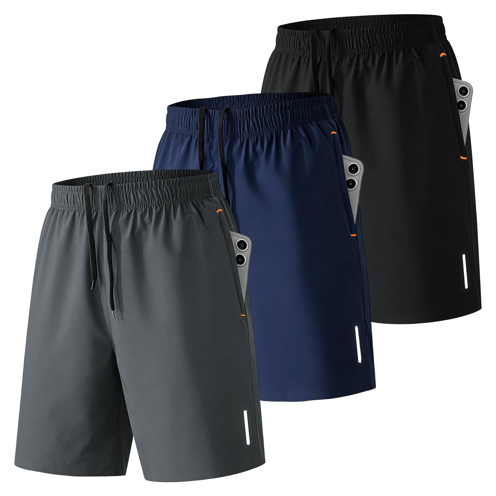 SHAGGA Paquete de 3 pantalones cortos de gimnasio para hombre, ligeros, de secado rápido, entrepierna corta, 7 con bolsillos con cremallera para correr, fitness y joggers - 2