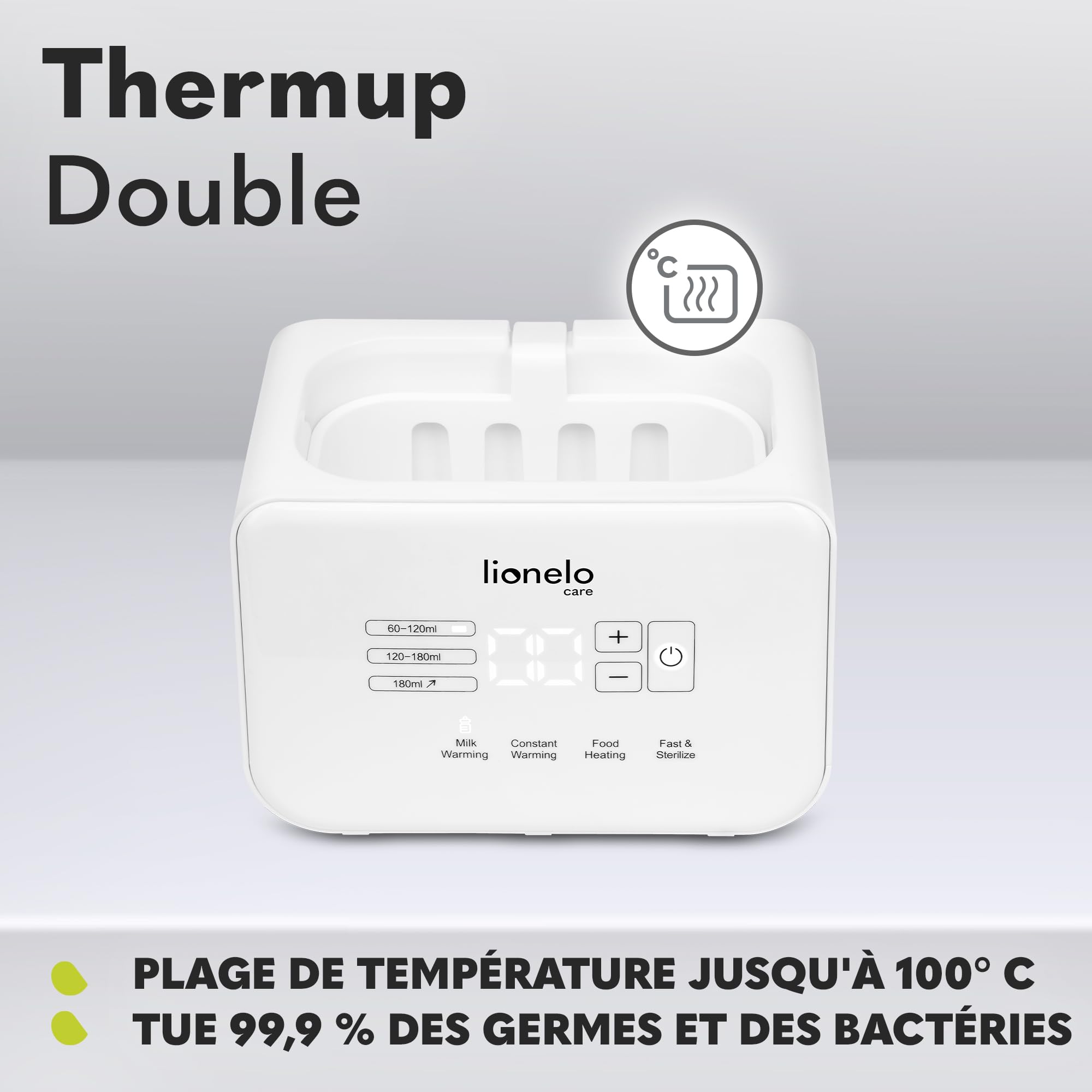 Lionelo Thermup Double Chauffe-Biberon 6 en 1, Chauffage Rapide dès 3 min | 2 biberons à la fois, stérilise, décongèle, garde au chaud 24 h, jusqu’à 100 °C, écran tactile lumineux, silencieux, Blanc