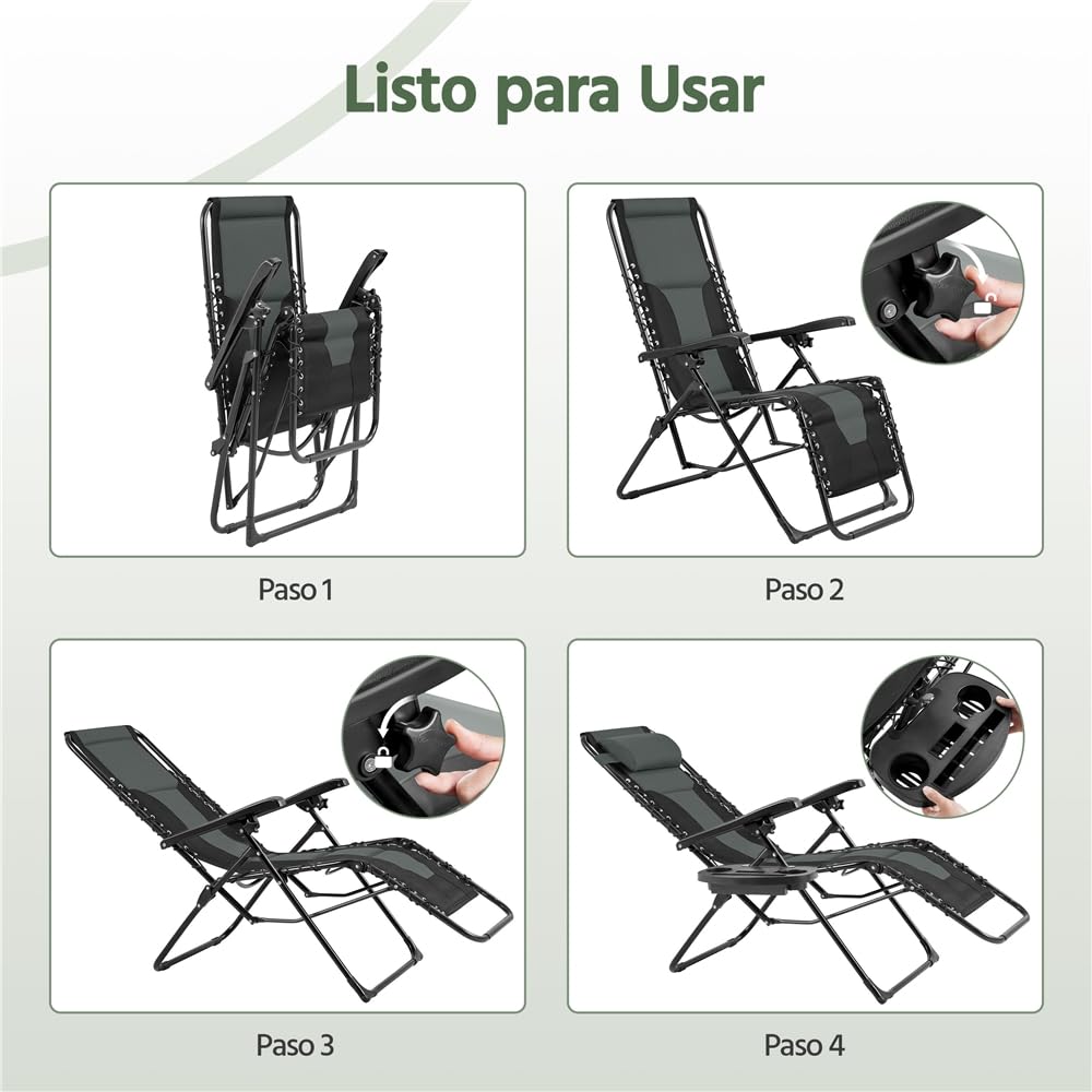 Yaheetech Tumbonas Jardin Exterior Silla Reclinables de Cero Acolchada Tumbona Plegable Tumbona Playa para Piscina con Portavasos Negro/Gris Carga Máxima: 114 kg