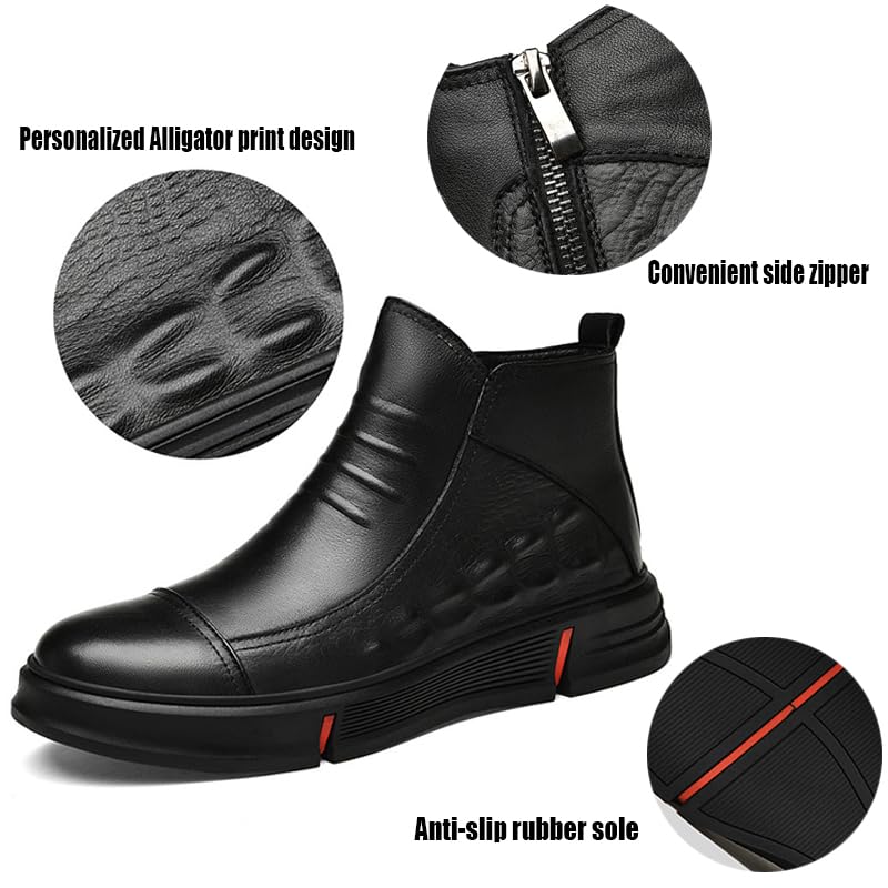 Men Casual Black Italian High-top Leather Boots Alligator Printed Business Chelsea Chukka Ankle Booties Fall Winter Wool Warm Side Zipper4