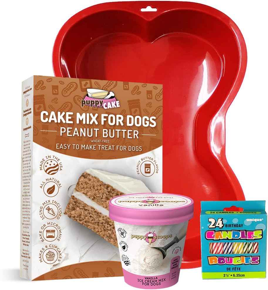 Puppy Cake Cake and Ice Cream Dog All Natural Fluffy & Moist Birthday Cake Kit in with Peanut Butter, Your Choice of Ice Cream Mix, Bone Silicone Pan and 24 Candles (Vanilla) Made in USA