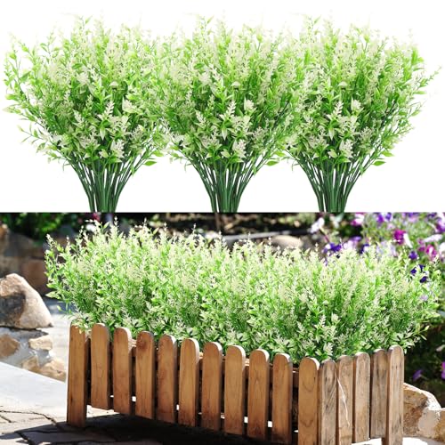Ramos de Flores Artificiales Decoracion 10 Pieza Plantas Artificiales Decorativas Arbustos Artificiales Flore de Plastico para Cementerio Lavanda Artificial para Interior Exterior Jardín (Blanco)