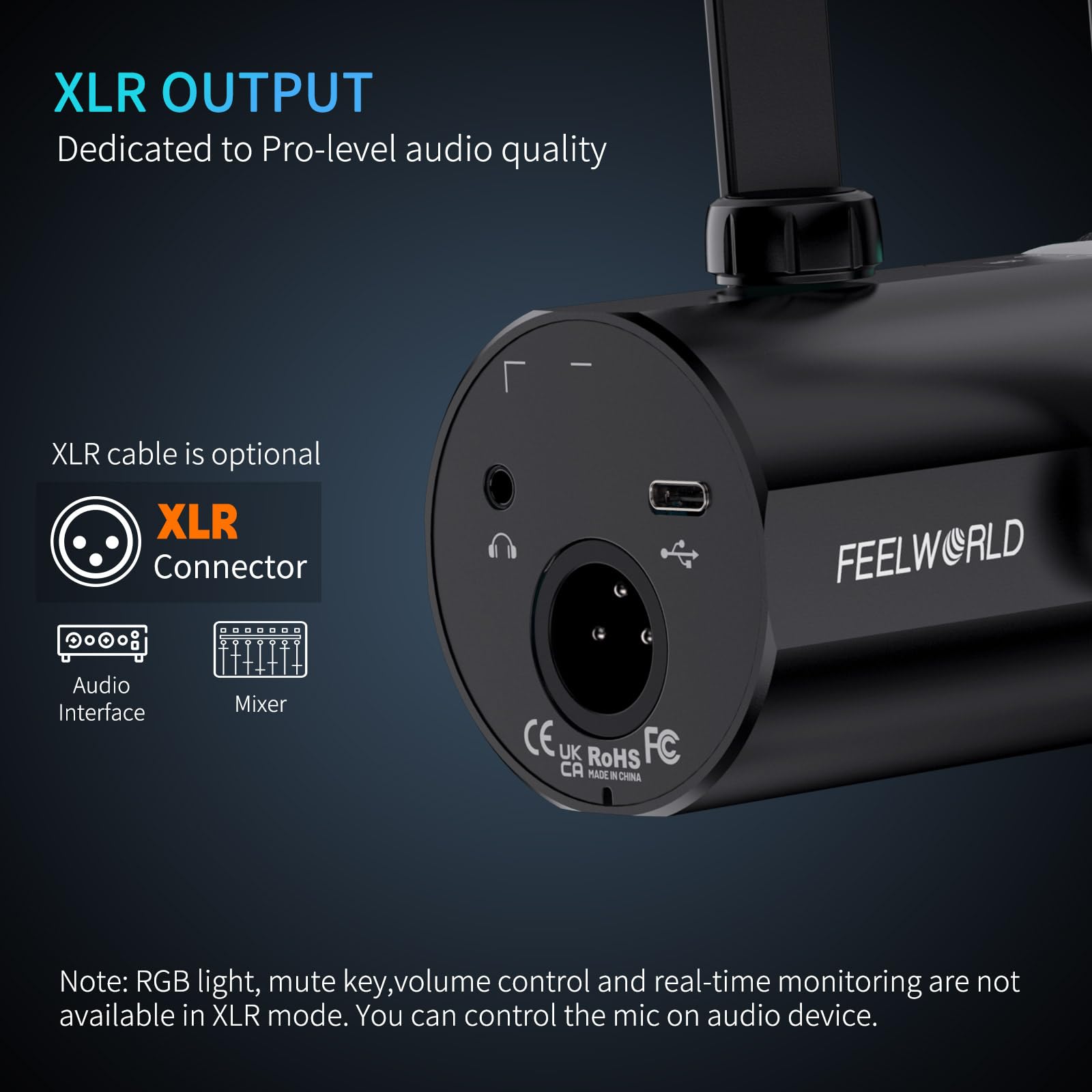 FEELWORLD PM1 XLR - Micrófono dinámico USB con soporte de brazo para podcast, computadora, juegos y transmisión en vivo, voz vocal, micrófono de metal de estudio con luz RGB