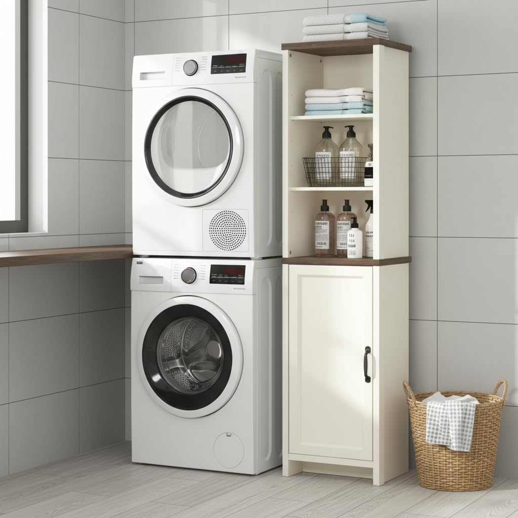Tall Narrow Storage Cabinet for Bathroom, Linen Cabinet with Door & Adjustable Shelves, Slim Cabinet for Small Spaces, Freestanding Storage Organizer, Ivory