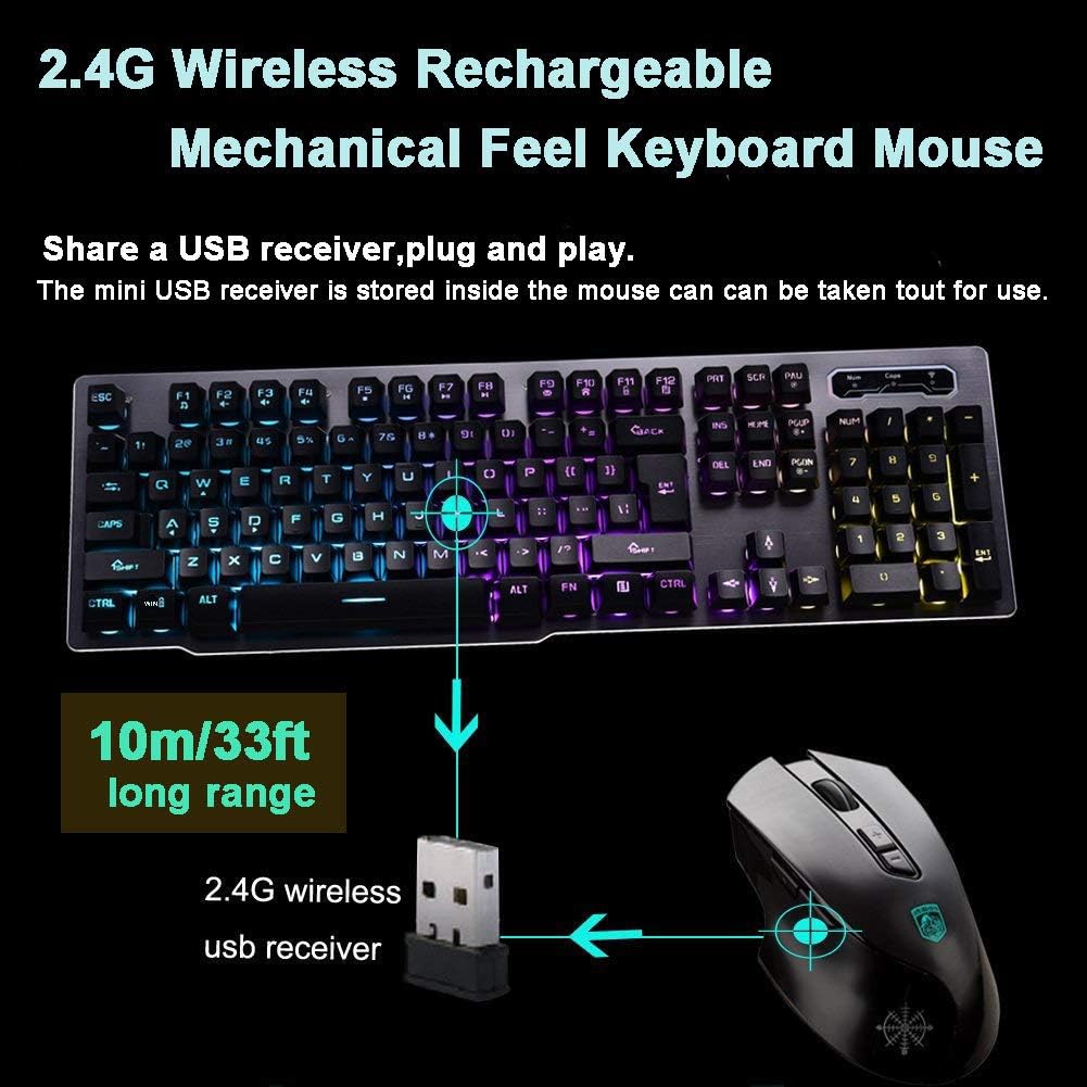 Suреr Dеаl Prоduсt Rechargeable Keyboard and Mouse Wireless Combo,USB Fast-Charging 104 Keys Full-Size PC Laptop Mechanical Feel Backlit Gaming Keyboard Support Adjustable Breathing Lamp &Glowing Mouse with Smart Switch