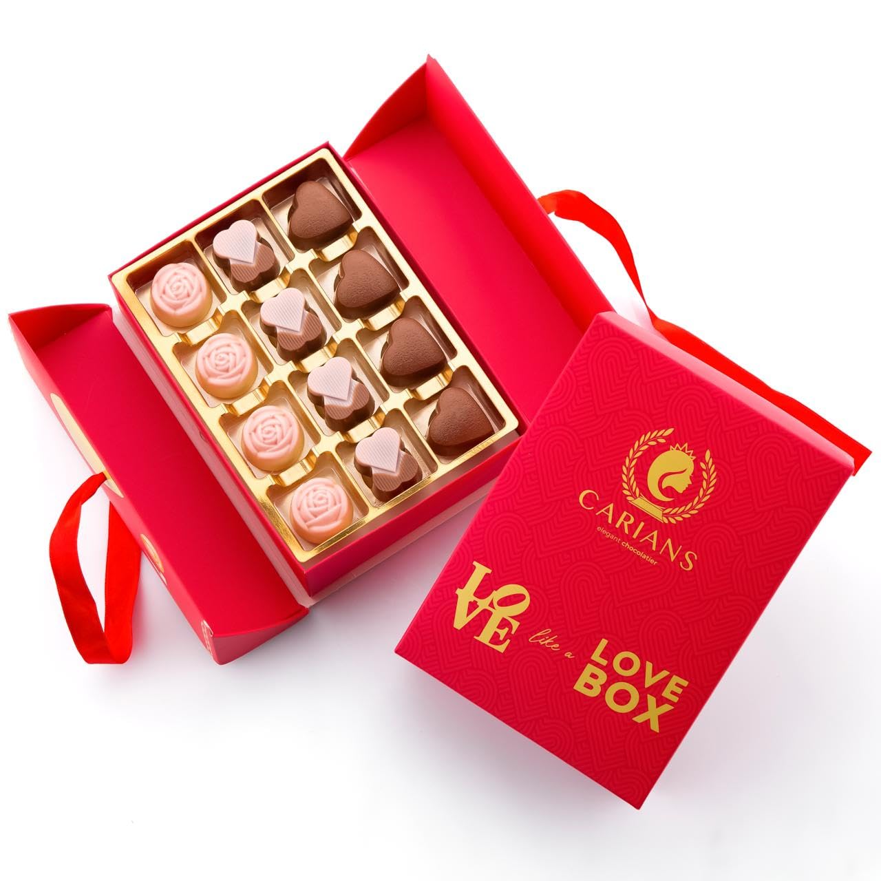 Carian’s Bistro Belgian Chocolate Gift Box of Love, Luxury Milk Chocolates with Strawberry and Hazelnut Cream, Great For Gift Giving, Valentine's Day and Anniversary for Lovers, 12 pc.