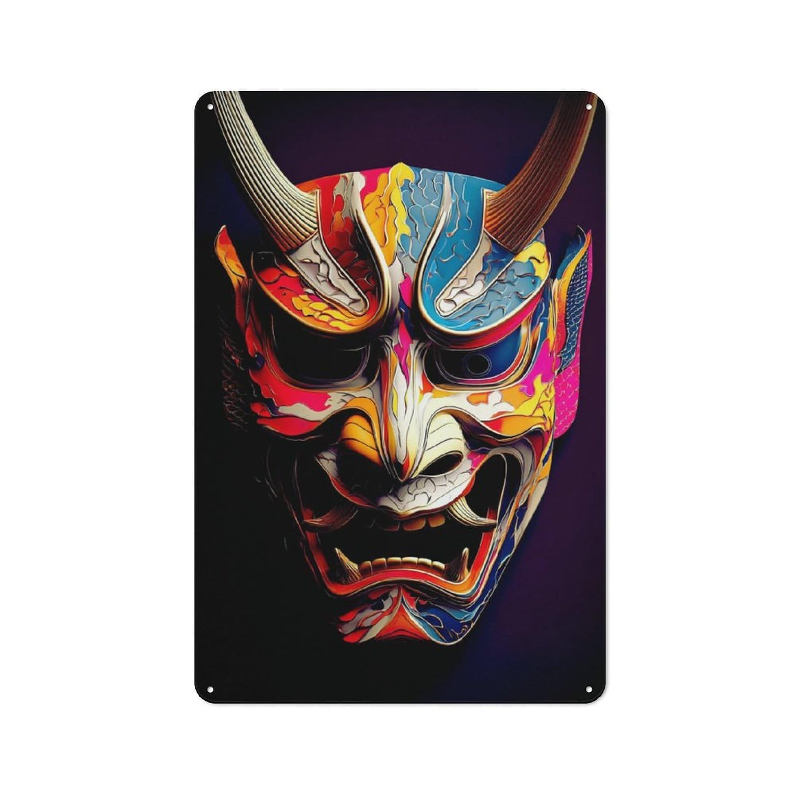 Junmoney Colorful Demon Mask Artwork For Garden Room Or Summerhouse, Rustic Tin Sign 30X20cm, Wall Decor For Garden Rooms And Summerhouses