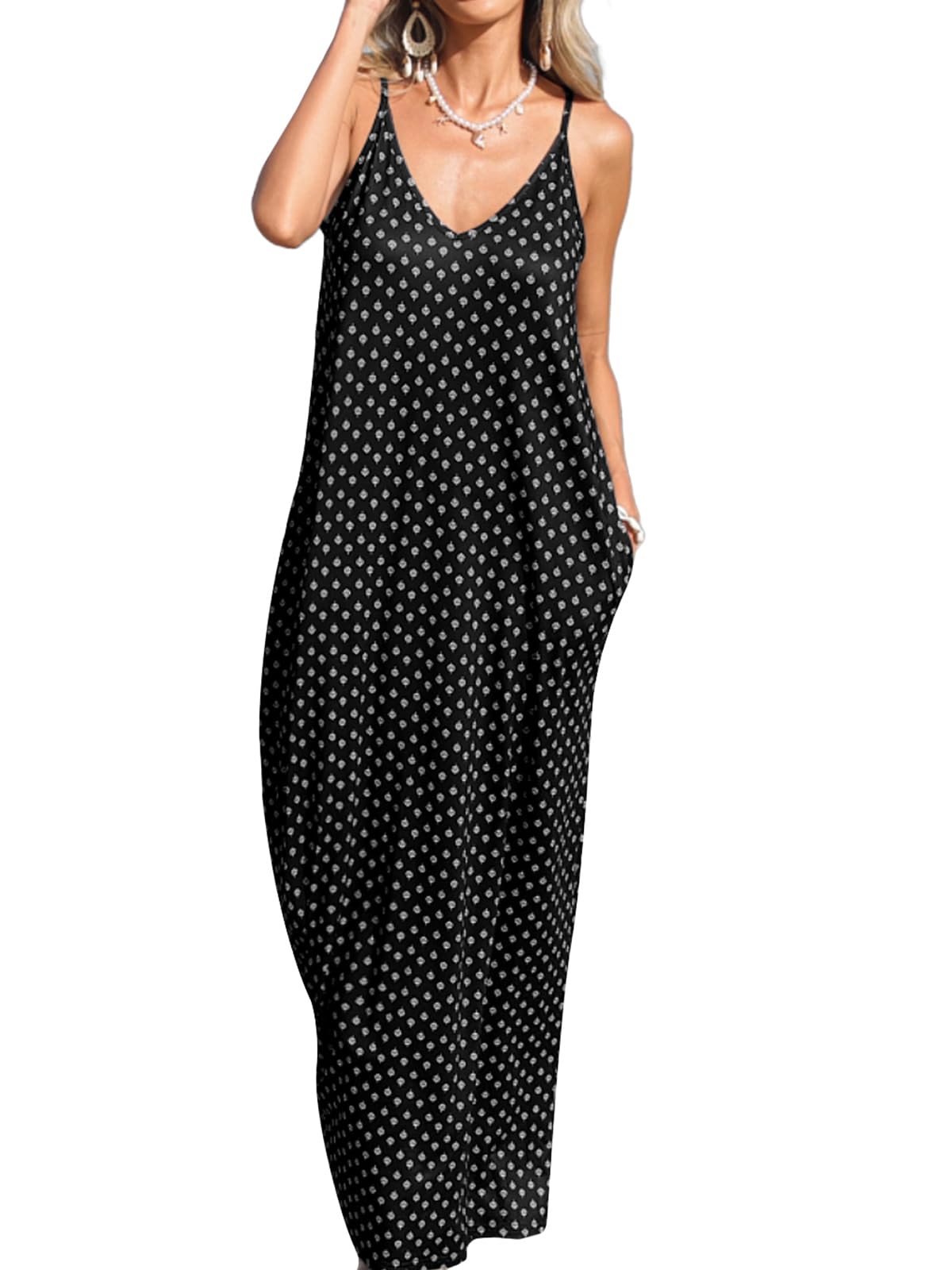 Poetsky Womens Casual Strappy V Neck Sleeveless Flowy Pockets Loose Long Maxi Beach Dress Sundress