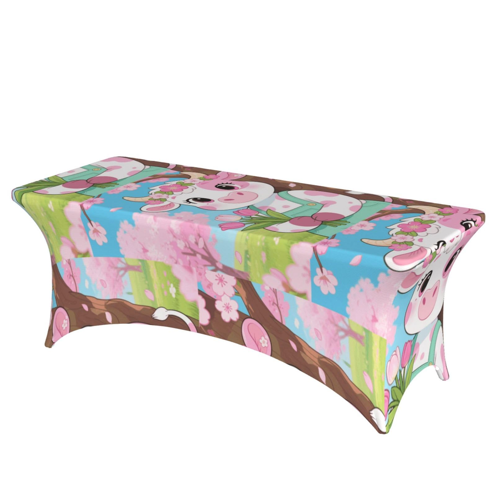 LMNGH Cute Flower Cow Decorative Tablecloth Protector for Wedding, Banquet & Parties6FT Spandex Rectangle Tablecloths, Stretch Washable Table Cloth Wrinkle Free Patio Table Cover