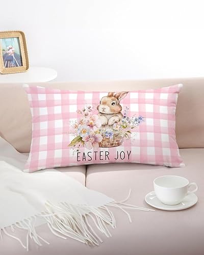 Miniatura 4 de CarOptics Funda de almohada de conejo de Pascua de primavera de 12 x 20 pulgadas, cesta floral, diseño de cuadros de búfalo rosa, alegre funda de