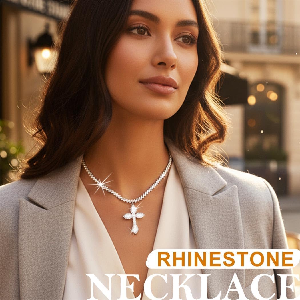 EARENT Rhinestone Cross Necklace Dainty Silver Crystal Necklace Chain Sparkly Easter Prom Neck Jewelry for Women - Image 2