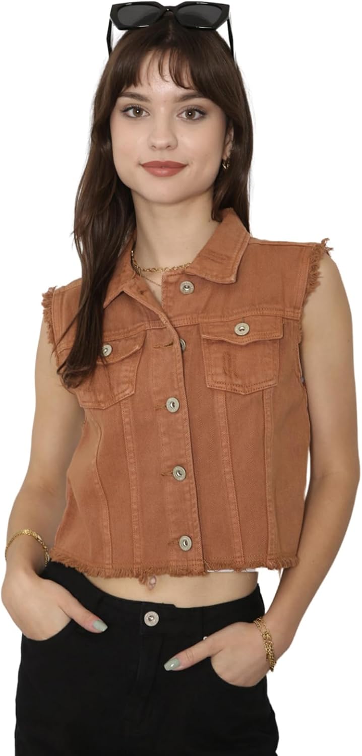 Anna-Kaci Womens Distressed Denim Button Up Sleeveless Crop Vest