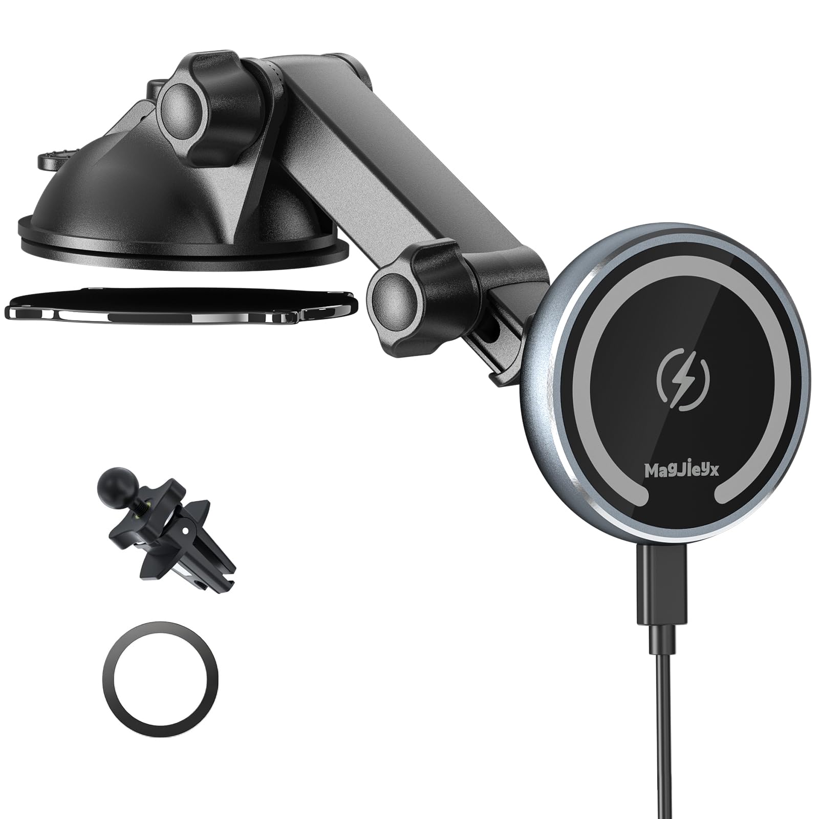 MAGJIEYX Magnetische draadloze autolader mount, mobiele telefoonhouder voor de auto met oplaadfunctie, snel opladen voor iPhone 16,15,14,13,12 serie, voor Dashboard/Air Ventilatie/Windscherm
