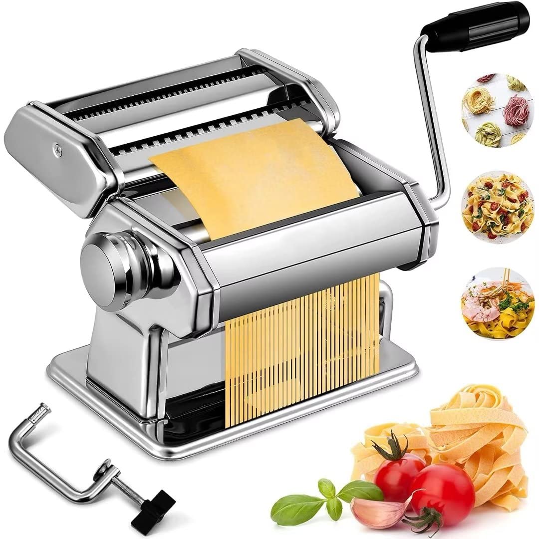 Pasta Maker, 150 Pasta Roller Noodle Maker Machine with 9 Adjustable Thickness Settings, Perfect for Spaghetti, Fettuccini, Lasagna or Dumpling Skins, Includes Cutter, Hand Crank, and Instructions