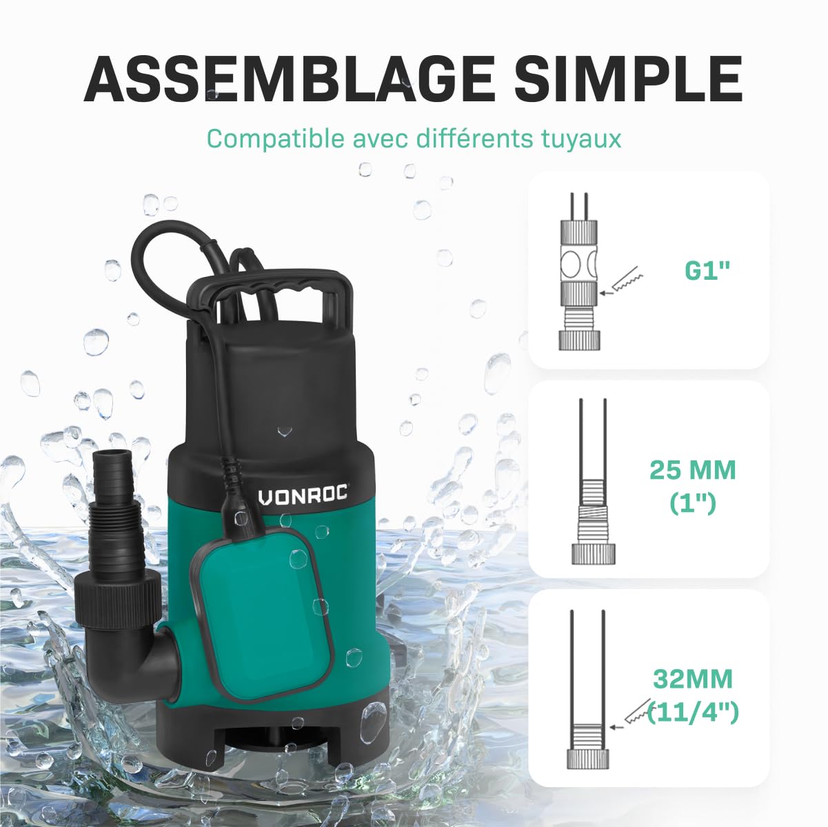 Pompe Submersible VONROC 1100W – Inox, 20000L/h, Eaux Claires/usées, Hauteur 9m