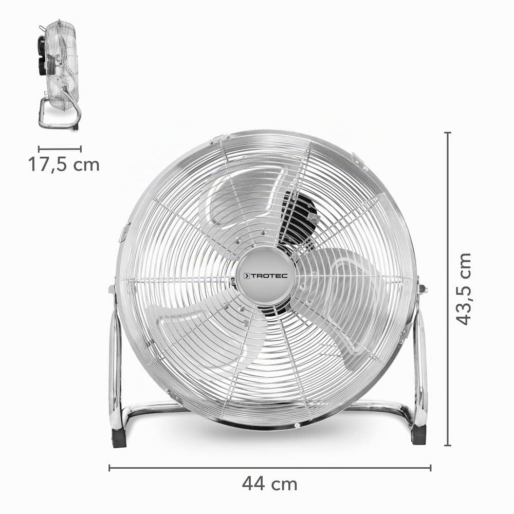 TROTEC Bodenventilator TVM 14 – 44 Watt, Neigungswinkel 100°, 3 Stufen, Ø 35 cm, kippfester Stand, leise, Silber
