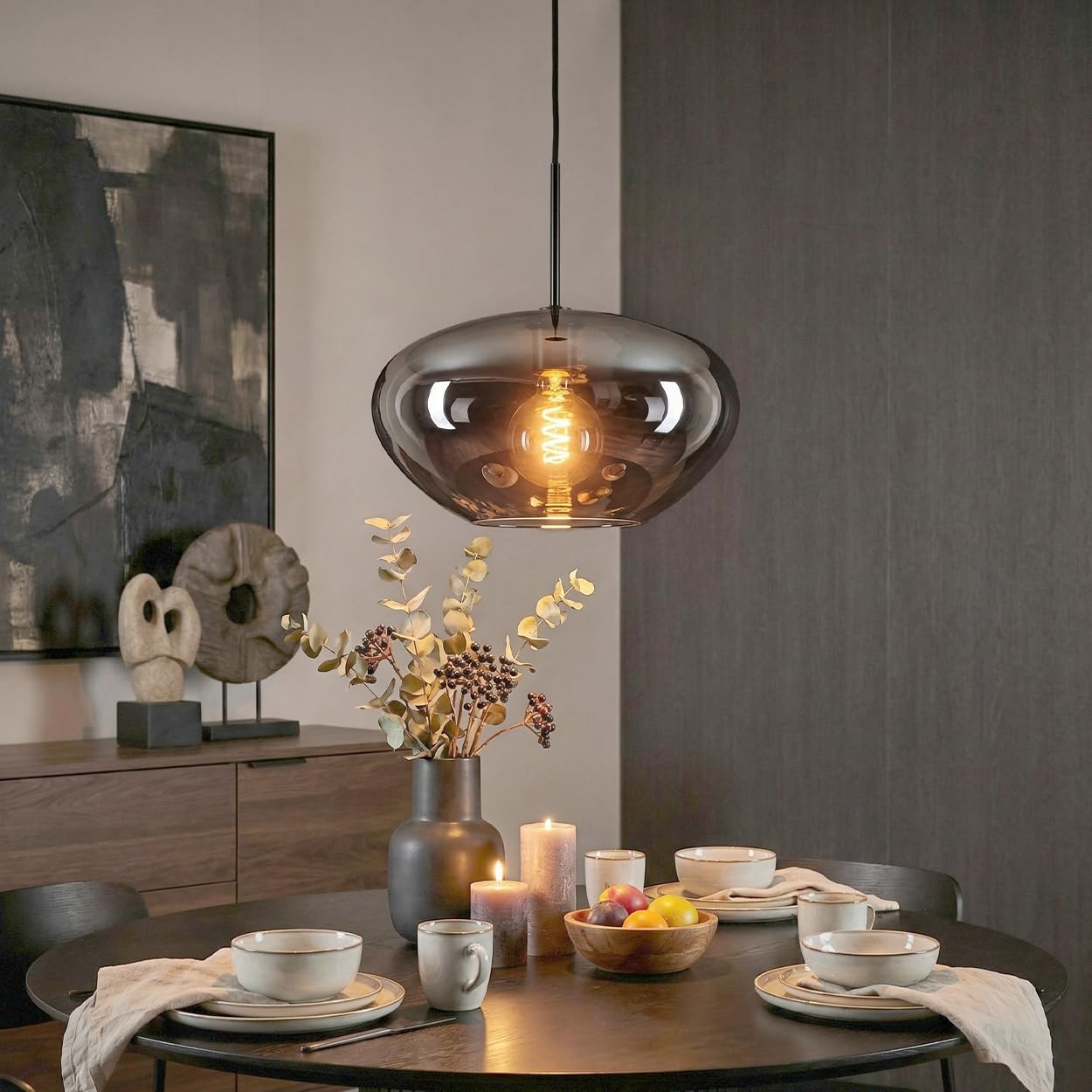 HOFSTEIN Hängeleuchte Mertola, 1-flammige Hängelampe aus Metall/Glas in Schwarz/Rauchfarben, moderne Pendelleuchte im Retro/Vintage-Design, Ø 35 cm, E27, Esszimmer, Küche, Wohnzimmer