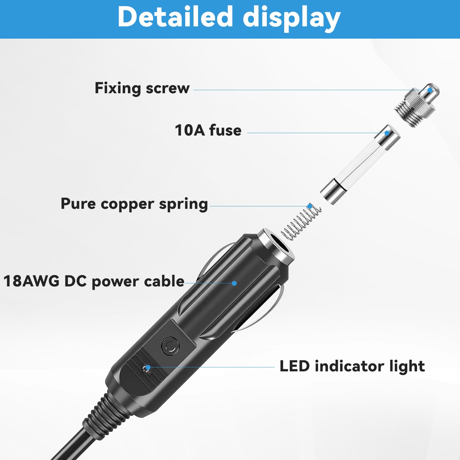 Câble de Charge Allume-Cigare 12V 10A 3 Mètres,Cordon d'Alimentation Renforcé 18AWG avec Fiche DC 5.5x2.1mm,pour Pompe à Air,Aspirateur Auto et Appareils Voiture