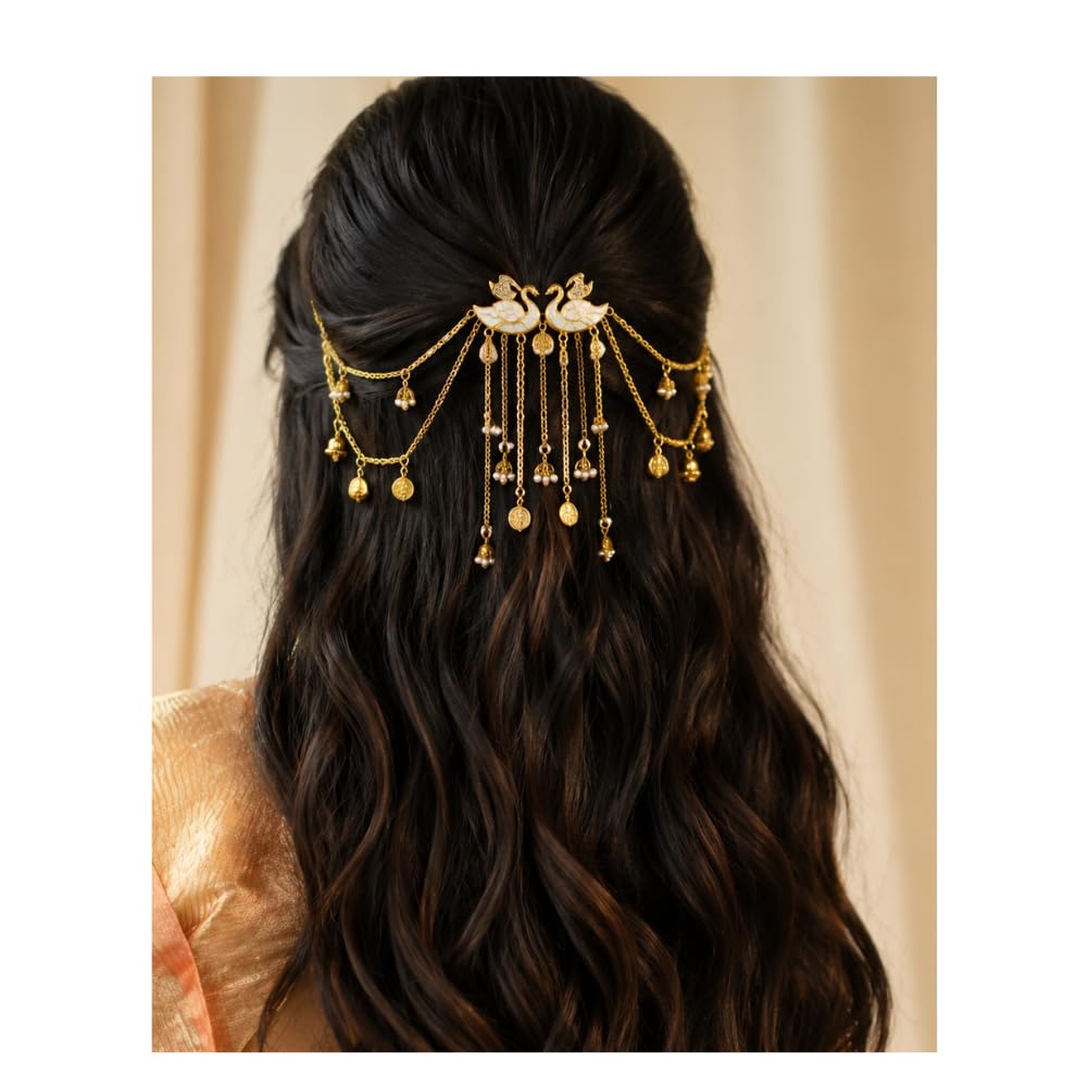 Traditional Gold Plated Bridal Hair Pin Clip for Women - Elegant Swan Motif Multi-Layer Pearl Chain Brooch, Coin Tassel Wedding Hair Accessory Sheeshphool Damini-image-15