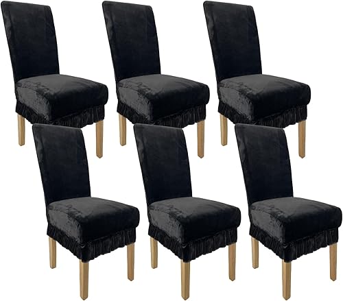 Miniatura 1 de Juego de 6 fundas de terciopelo suaves y transpirables para sillas de comedor, fundas elásticas lavables para sillas con funda de falda para sillas