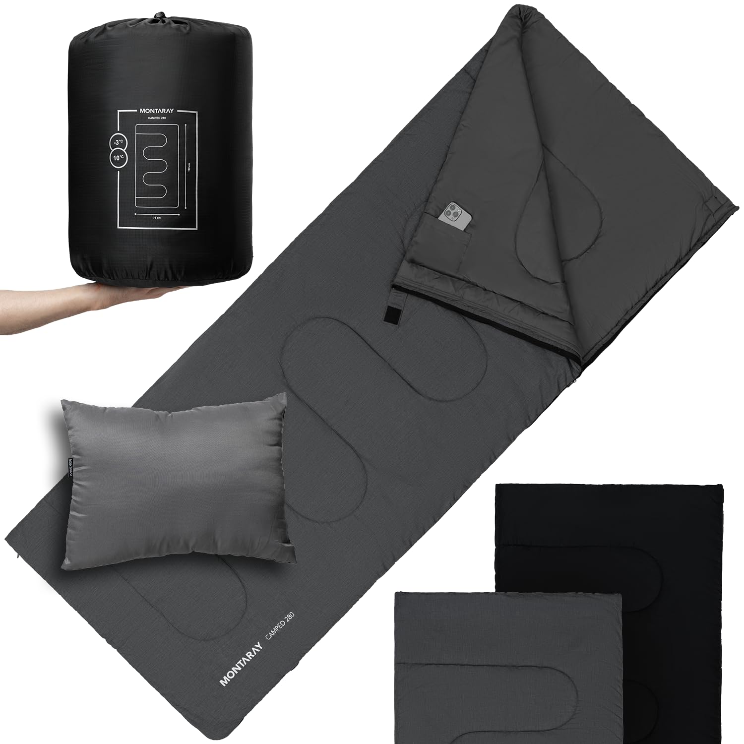 Sac de Couchage Couverture 100% Coton jusqu'à -3 °C avec Coussin, Sac de Couchage d'hiver et Sac de Couchage d'été [280 g/m²] pour 3 à 4 Saisons (75 x 190 cm) – Sac de Couchage pour Homme
