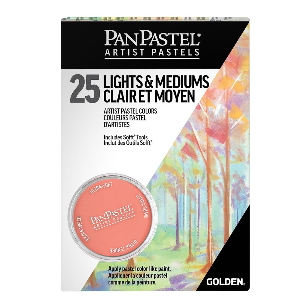 PanPastel Golden Lot de 25 pastels d'artiste de couleur claire et moyenne, 25 couleurs, pastels d'artiste professionnels, format de poêle unique (semblable à un gâteau)
