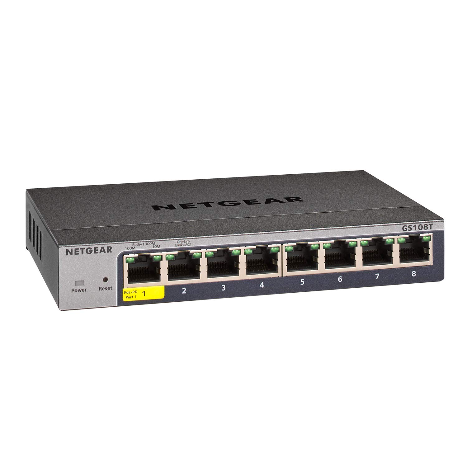 NETGEAR GS108T 8-Port Gigabit Smart Switch – Managed, PoE PD-Port, Cloud-Management
