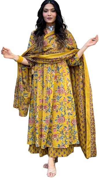 Womens Cotton Printed Anarkali Kurti Set with Dupatta | Flared Indian Ethnic Dress for Women |Festive Outfit