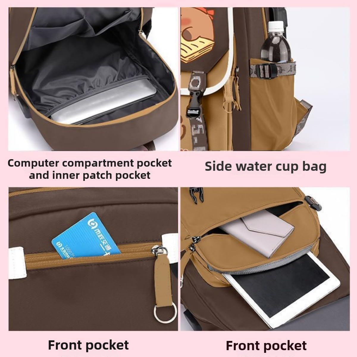Cute Pink Capybara Backpack with Chic Case and More Pins Ita Bag Kawaii Cartoon Large Capacity Mochila De Capybara (Brown2)