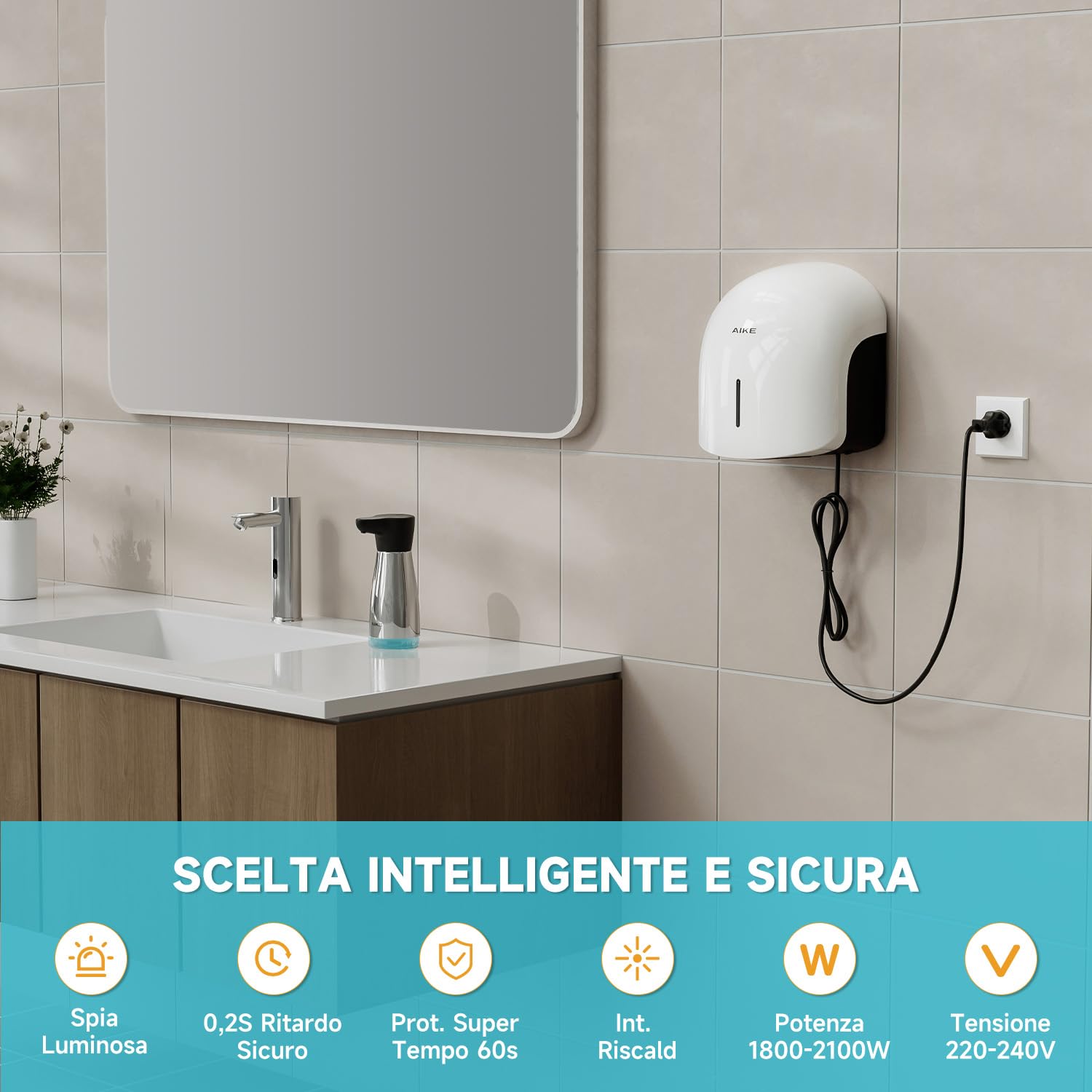 AIKE GentleAir Asciugamani Elettrico ad Aria Calda Silenzioso, per Casa & Bagni, AC220V-240V, Bianco Nuvola