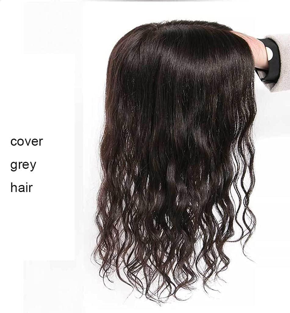 Clip On Topper For Women Wave Curly Human Hair 4.8" x 5.2" Silk Base Top Hairpieces Replacement Wiglet (Natural Black,14 Inch)