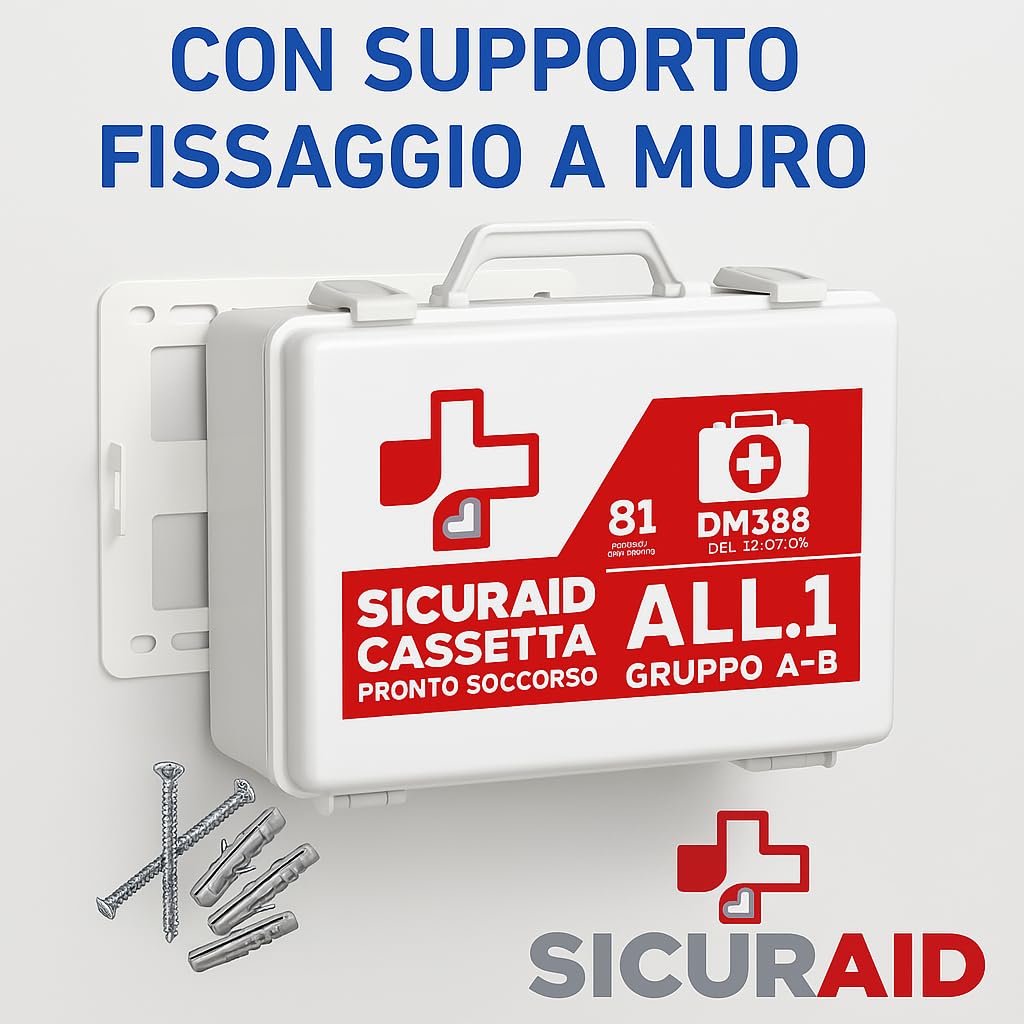 SICURAID Cassetta Pronto Soccorso Aziende più 3 Dipendenti -Cassetta Pronto Soccorso Allegato 1 Gruppo A-B Completa con Cartello e Web App SicurApp (Allegato 1 Gruppo A B)