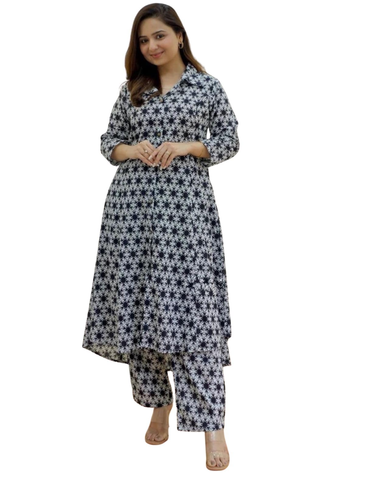 Greciilooks Women's Cotton Blend Floral Regular Fit Kurta Set (Gl-W1836_Black 01_L)