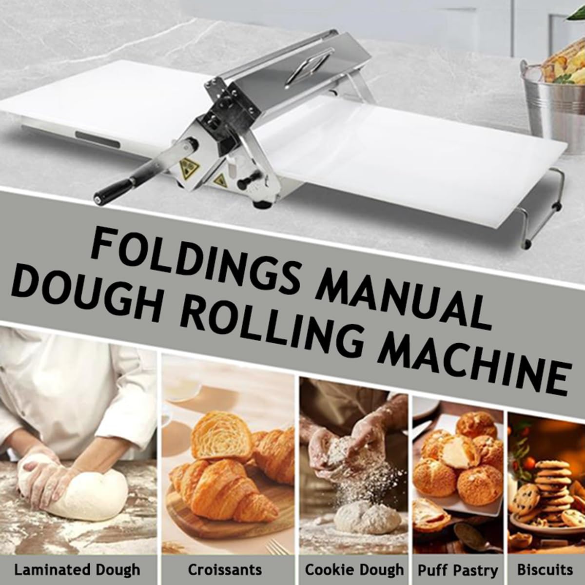 Manuelle Teigausrollmaschine, kompakte Teigausrollmaschine mit 35,4 x 15,7 Zoll großem Ausrollbrett, faltbare Teigausrollmaschine aus Edelstahl für Pizza, Croissants, Gebäck und Fondant