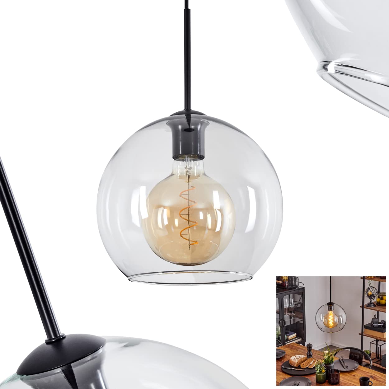 Koyoto Hanging lamp, Hanging lamp Made of Metal/Glass in Black/Clear, 1-Flame lamp in Vintage/Retro Design with Glass lampshade (Ø 25 cm), max. Height 147 cm, 1 x E27, Bulbs not Included