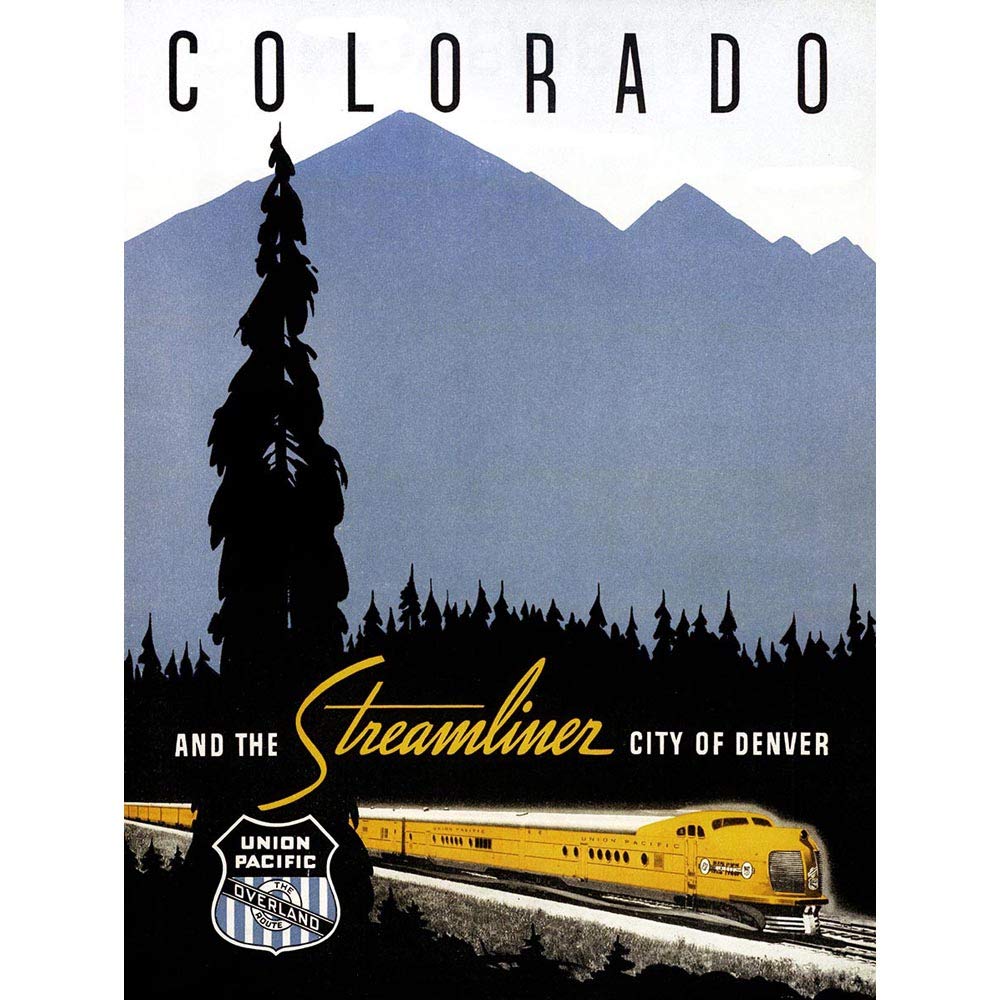Wee Blue Coo Travel Streamline Train Rail Denver Colorado USA Mountain Tree Art Print Poster Wall Decor 12X16 Inch
