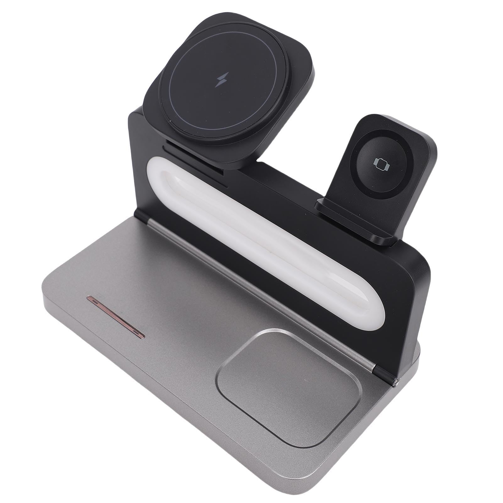 Generic Charge Rapide de 15W 4 en 1 Station de Chargeur sans Fil Magnétique pour Casque de Montre de Téléphone, Charge Plusieurs Appareils avec Lumière Nocturne, Support de Rotation à