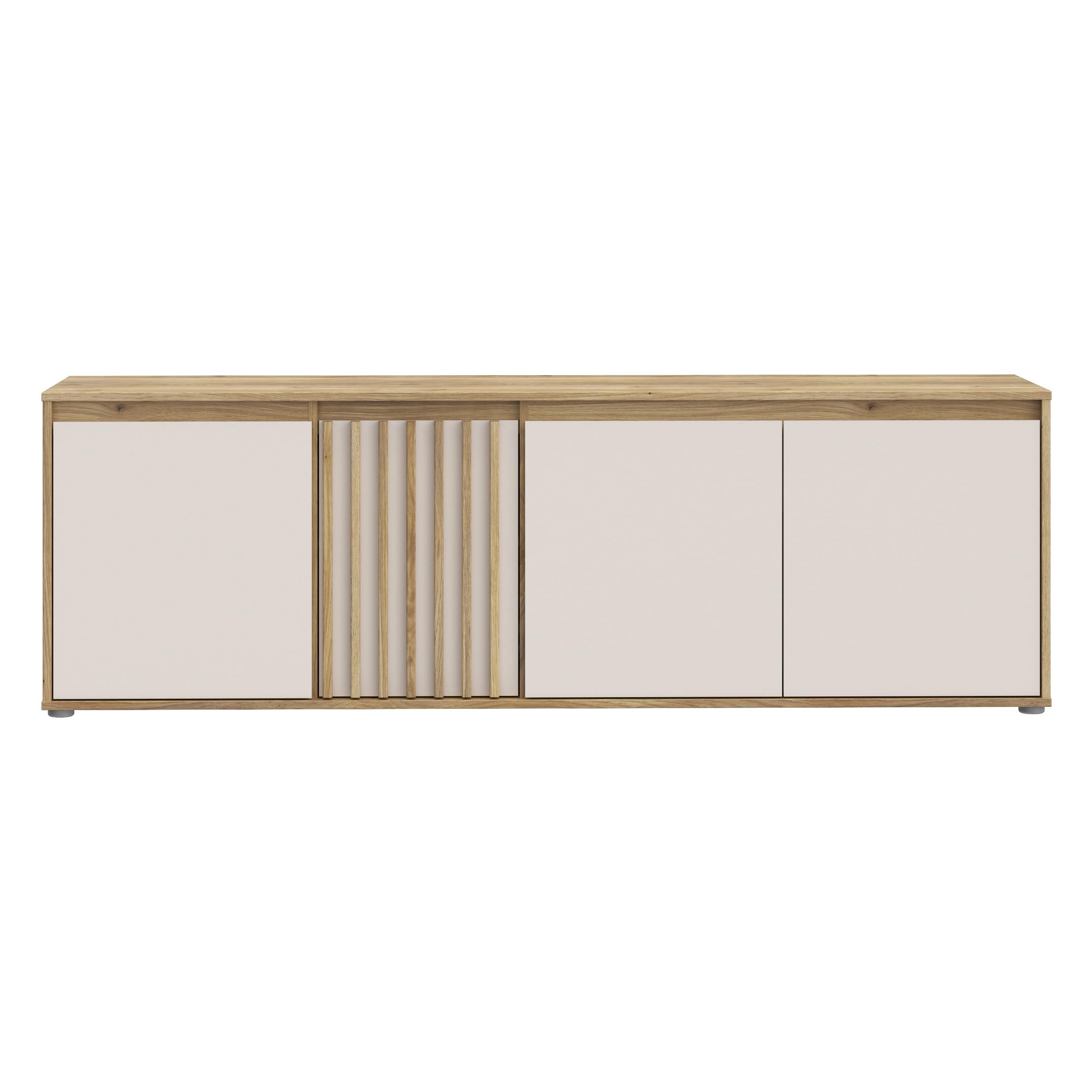 Forte ELISTON TV-Schrank 170 180, modernes Lowboard mit Lamellendesign, 4-türig, Wohnzimmer, Mauvella Eiche Holzdekor|Kashmir Beige, 174,3 cm breit x 56,1 cm hoch x 41,5 cm tief