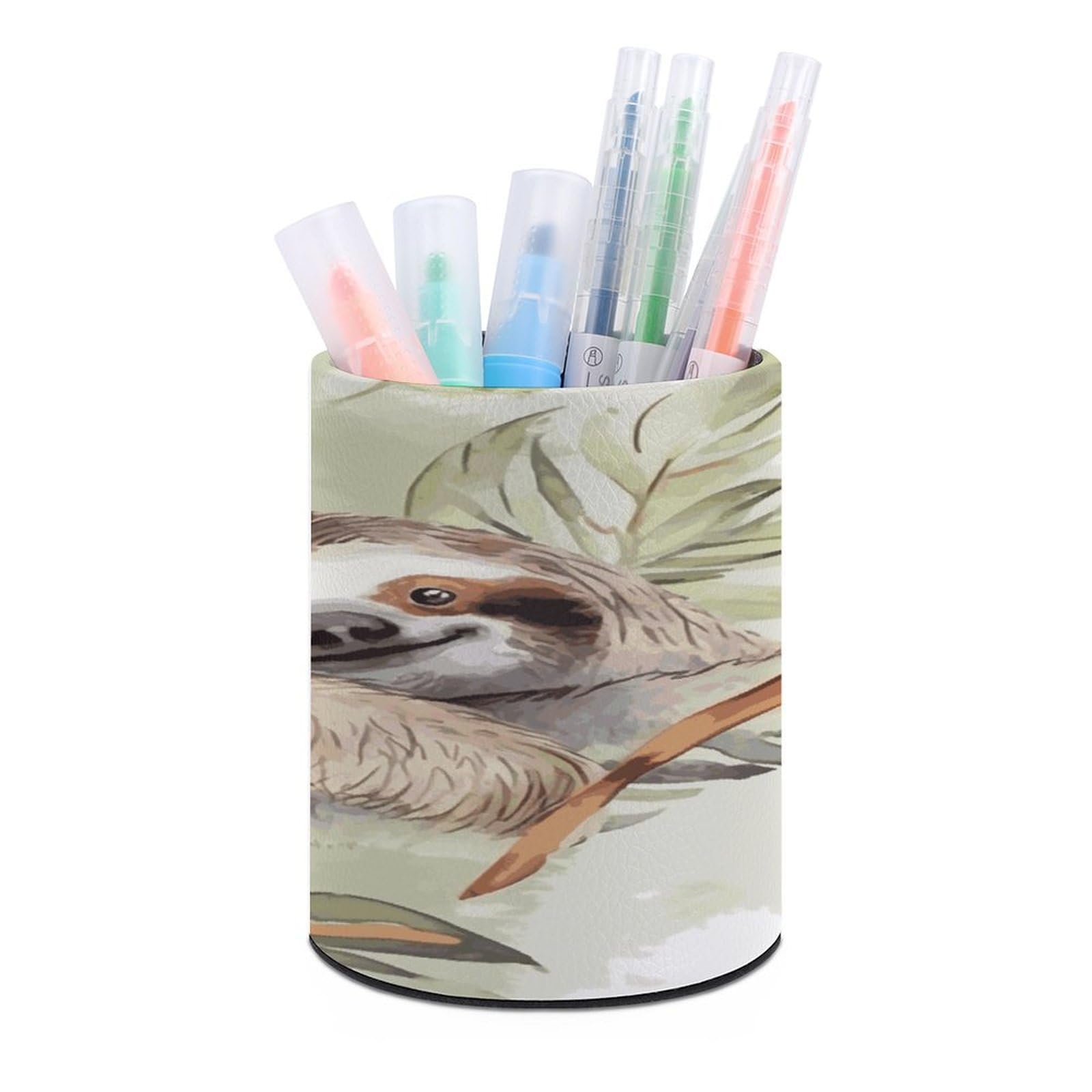 LDGSUPH Watercolor Sloth Round Pen Holder Leather Pen Cup Pencil Cup Pen Organizer Pencil Holder for Desk Organizer Pencil Organizers Makeup Brush Holders for Home Office Gift