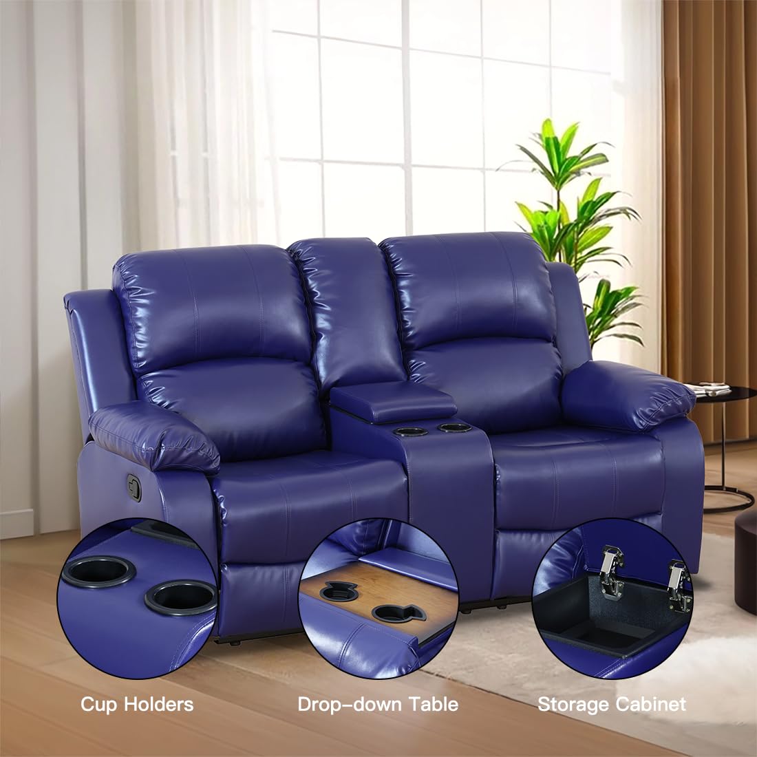 Toseslo Manual Recliner Loveseat Set, Living Room Furniture Sets, 2 Seater Modern Reclining Couches, Blue Leather Reclining Couch Sets with Storage Console/Cup Holder for Living Room/Apartment view 3