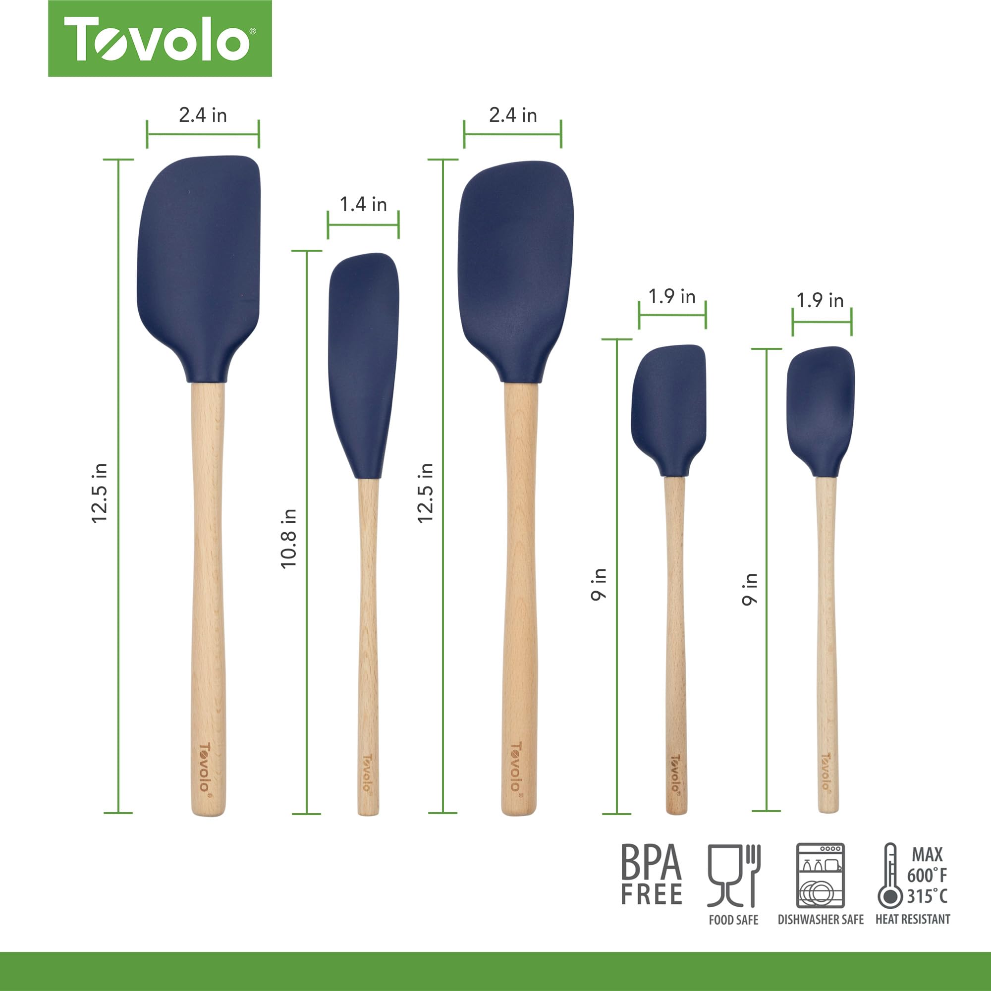 Flex-Core Pfannenwender mit Holzgriff, hitzebeständig, 5-teiliges Kochutensilien-Set – inklusive Antihaftspatel, Löffel, Glasschaber und Mini | BPA-freie Küche | ergonomisches Design | Deep Indigo
