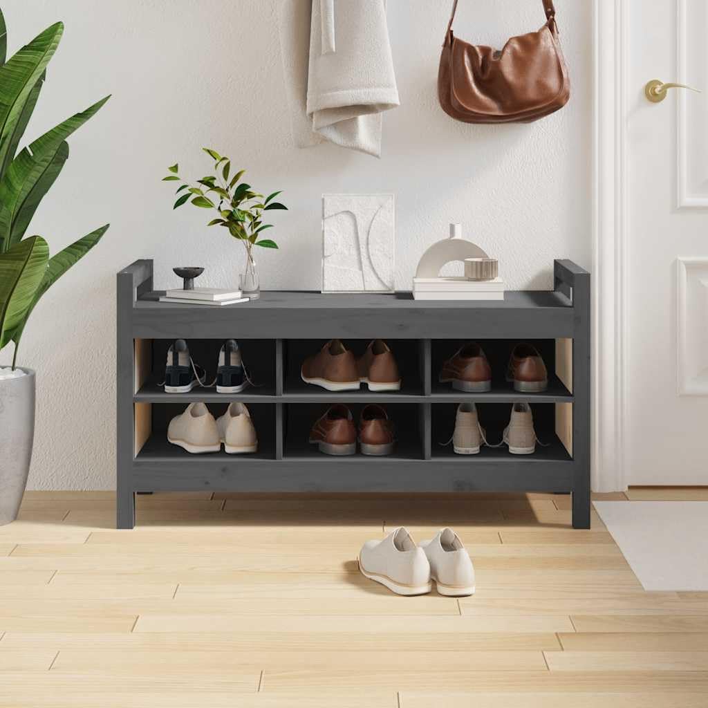 Banco de pasillo de madera de pino maciza, gris, 110 x 40 x 60 cm, con 6 compartimentos, espacio de almacenamiento, para pasillo, pasillo, salón, orden y ahorro de espacio