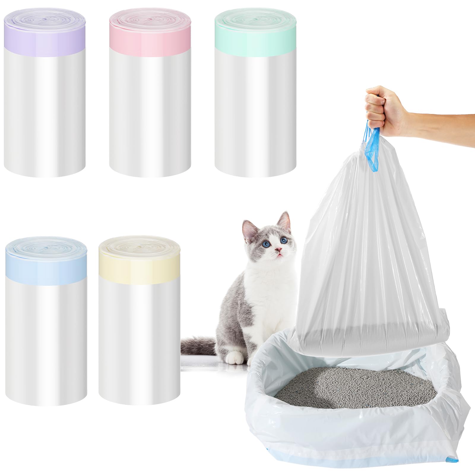 Tinlade 50 Count Jumbo Cat Litter Box Liners Large Drawstring Cat Litter Liners Bags Unscented Tear Resistant for Trash Waste to Keep Your Home Clean(