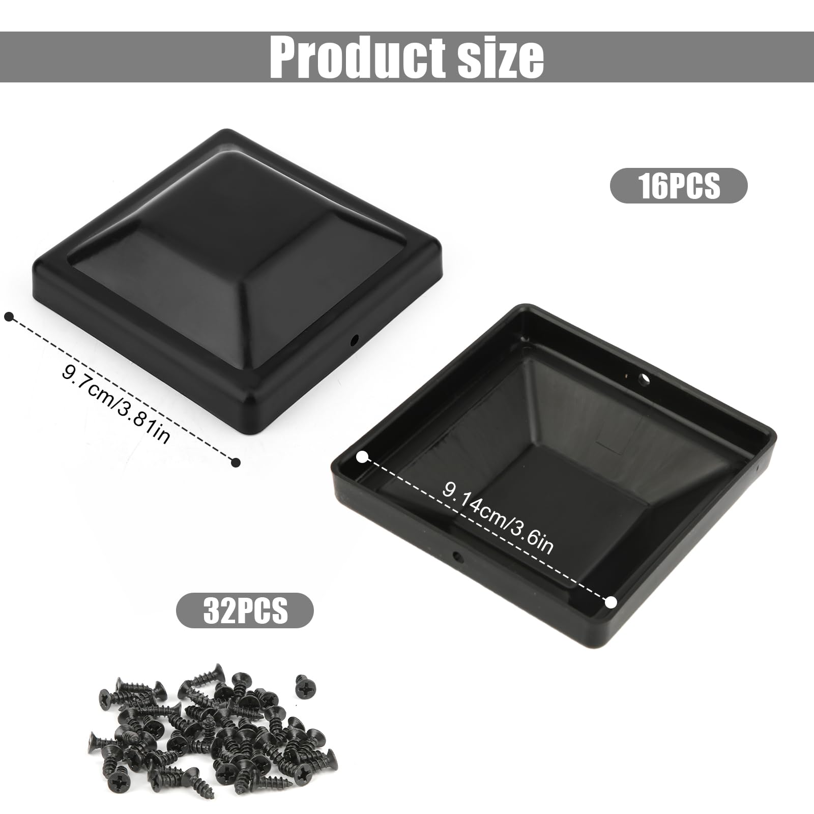 16szt Nakladki na Slupki Ogrodzeniowe, PP Nakladki na Slupki Ogrodzeniowe 9,1x9,1cm Wodoodporne Nakladki na Slupki Ogrodzeniowe z 32szt Srub do Pomostu Lub Ganku Slupka Ogrodzeniowego