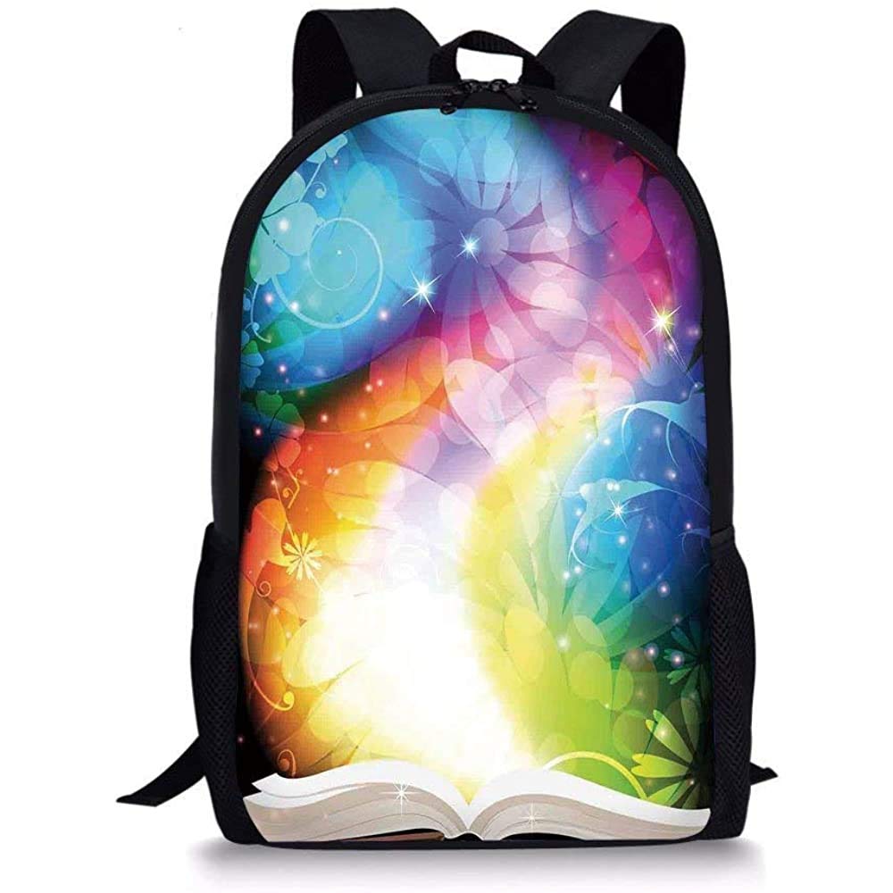 Hui-Shop School Bags Magic Decor,Psychedelic Open Book of Fairy Tales on Gradient Rainbow Color Floral Background,Multi for Boys Girls