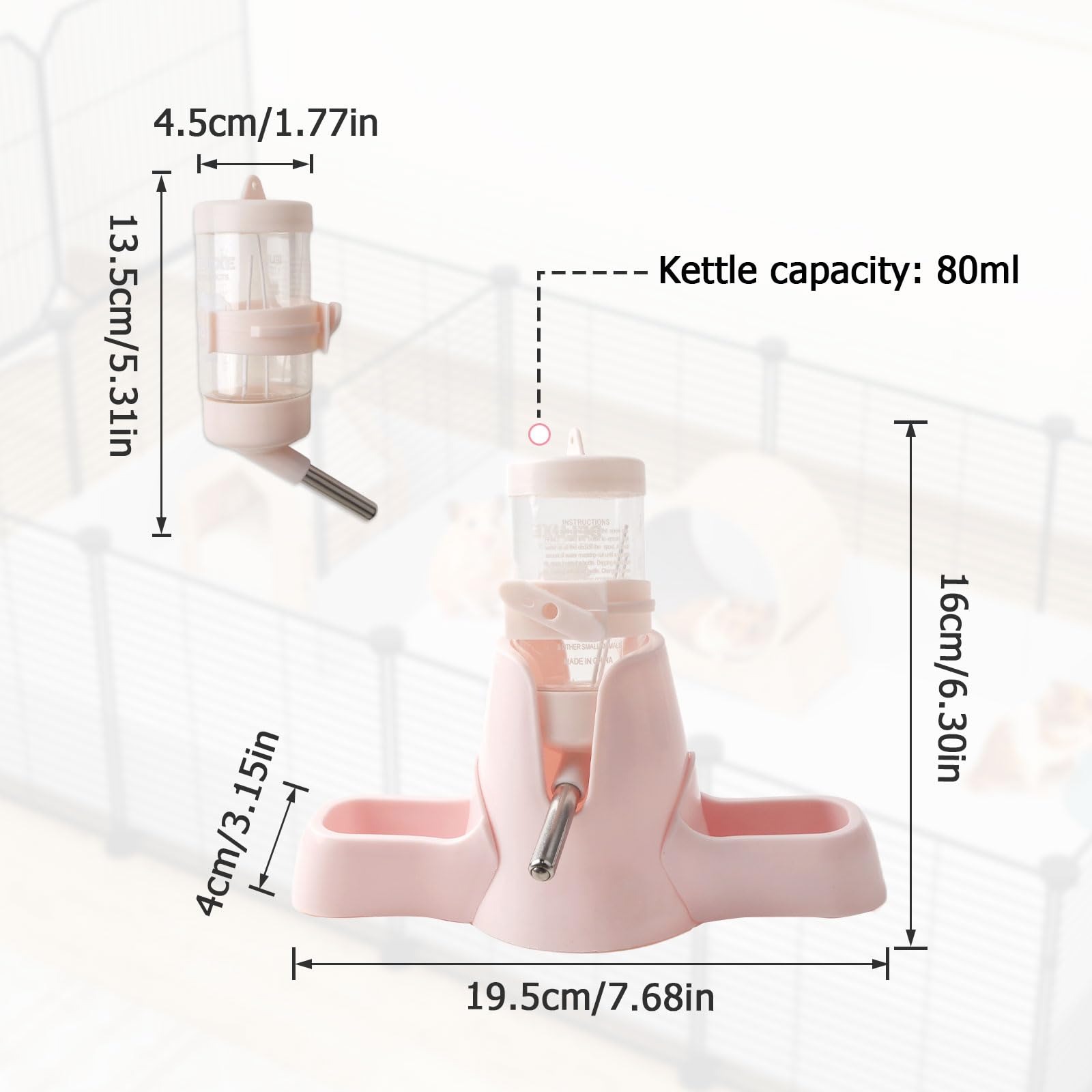 Gourde 3 en 1 pour hamster - Rose - 80 ml - Avec double gamelle et support - Pas de fuite d'eau - Distributeur d'eau automatique pour hamsters, lapins, cochons d'Inde, chinchilla