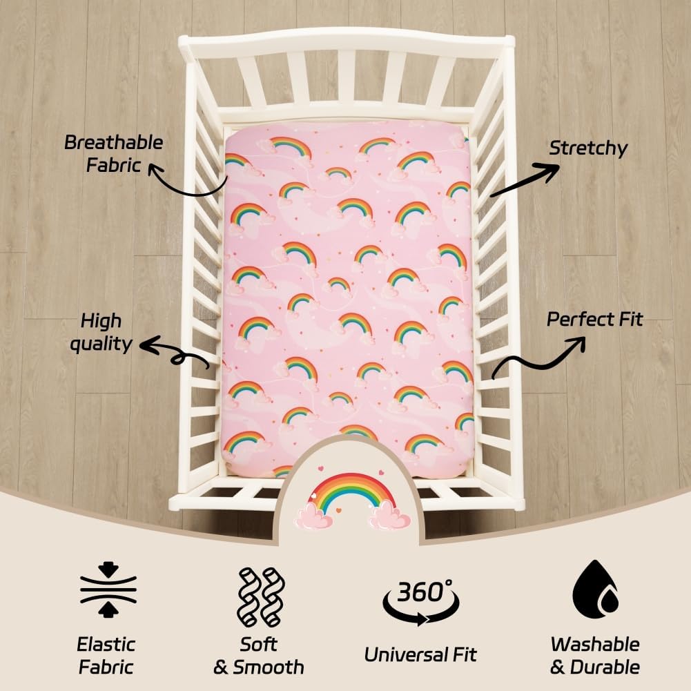 4 Pack Soft Baby Girl N Play Sheets for Mini Crib Mattress Unicron Rainbow Heart Cute Neutral Polyester Unisex Fitted Mini Crib Sheets Set for Baby Girls